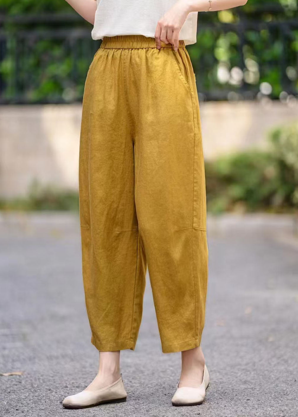 Bohemian Yellow Oversized Pockets Linen Crop Pants Summer