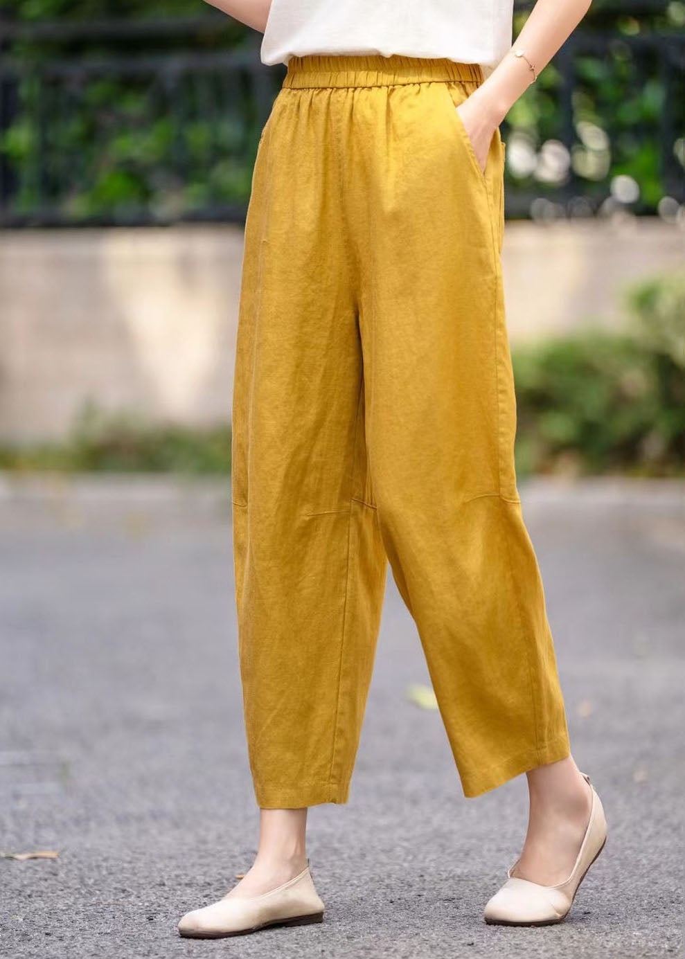 Bohemian Yellow Oversized Pockets Linen Crop Pants Summer