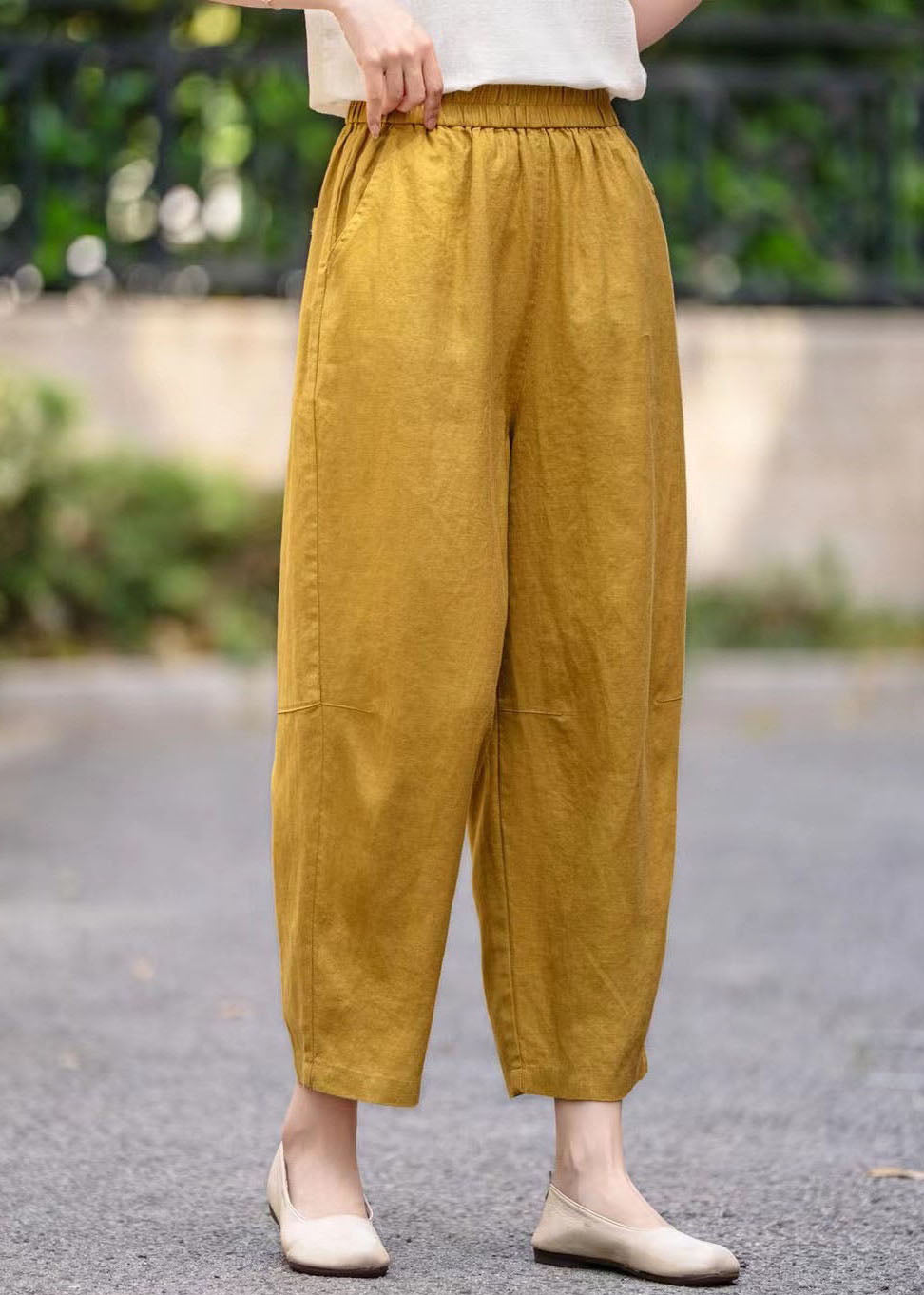 Bohemian Yellow Oversized Pockets Linen Crop Pants Summer