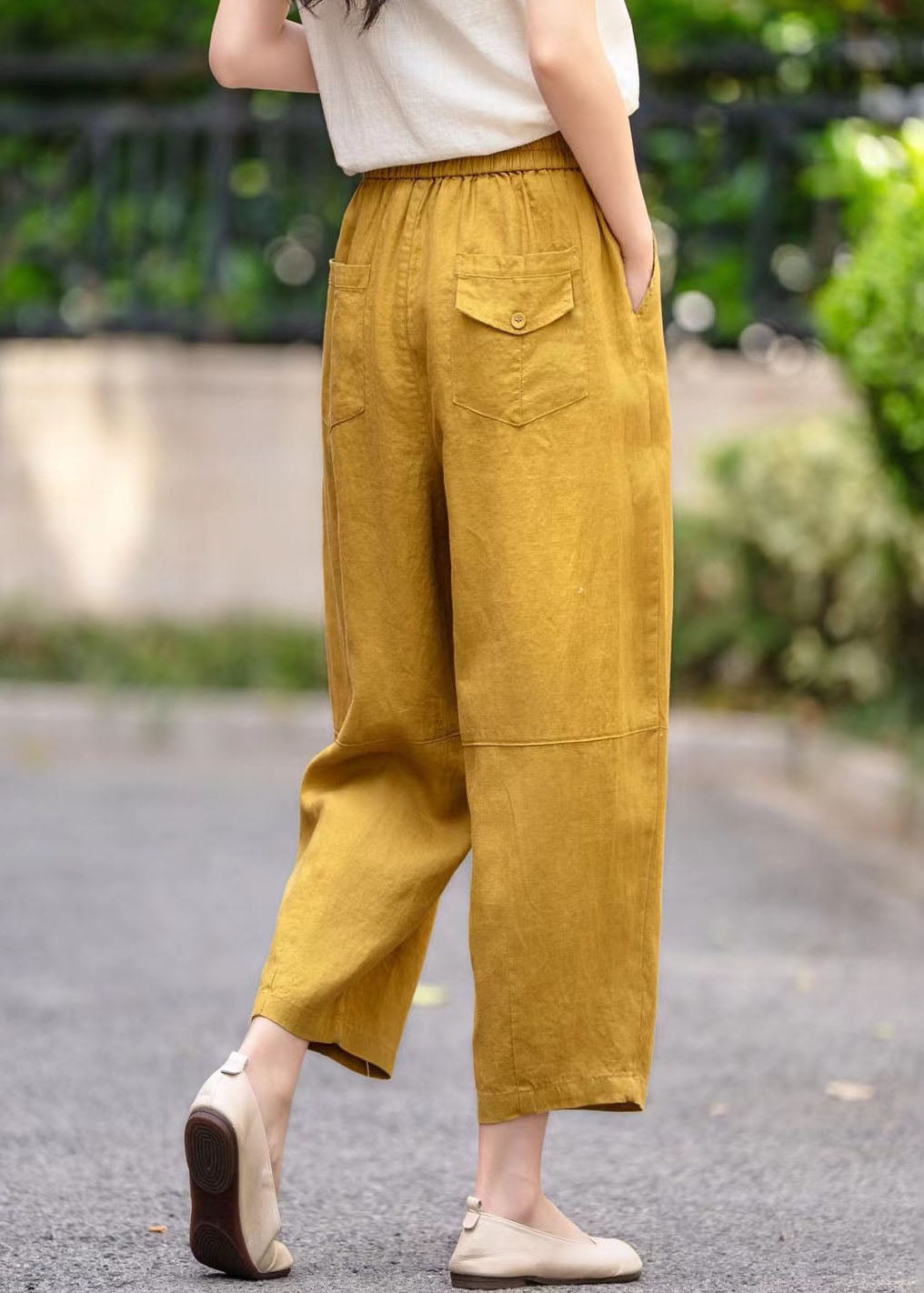 Bohemian Yellow Oversized Pockets Linen Crop Pants Summer