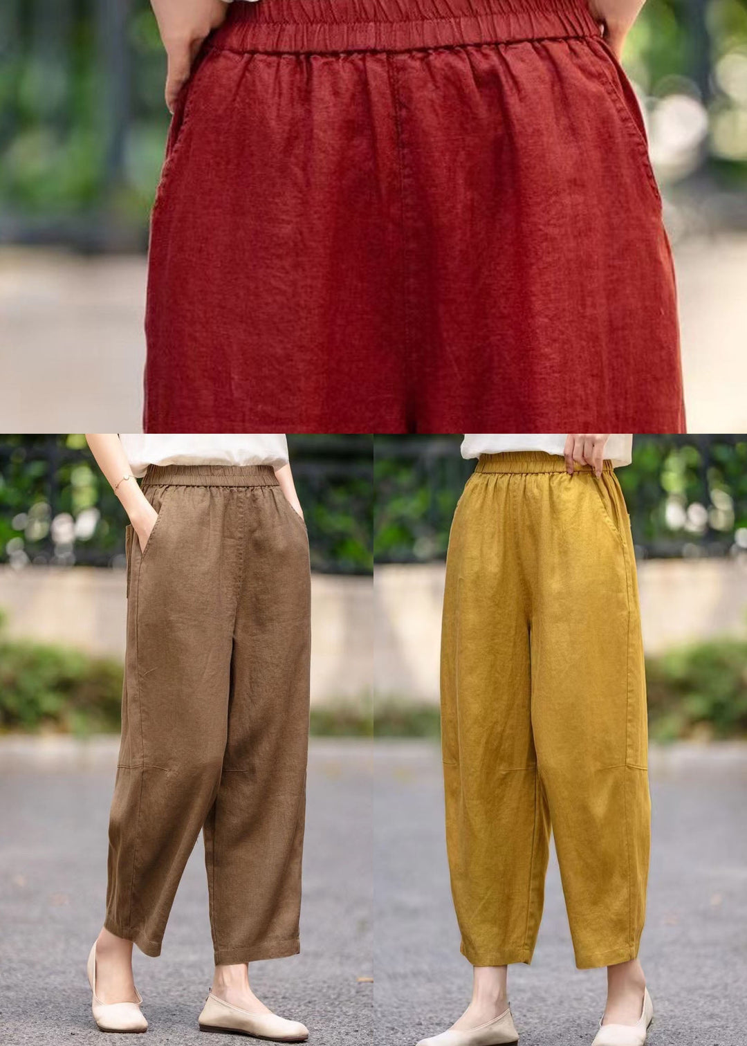 Bohemian Yellow Oversized Pockets Linen Crop Pants Summer