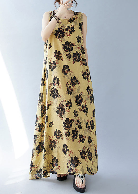 Bohemian Yellow Oversized Print Cotton Dresses Sleeveless