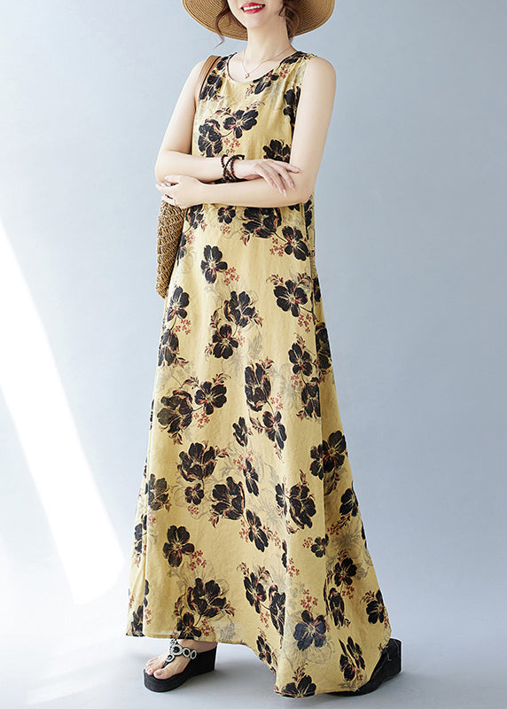 Bohemian Yellow Oversized Print Cotton Dresses Sleeveless