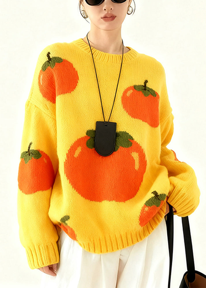 Bohemian Yellow Oversized Tomato Jacquard Knit Pullover Winter