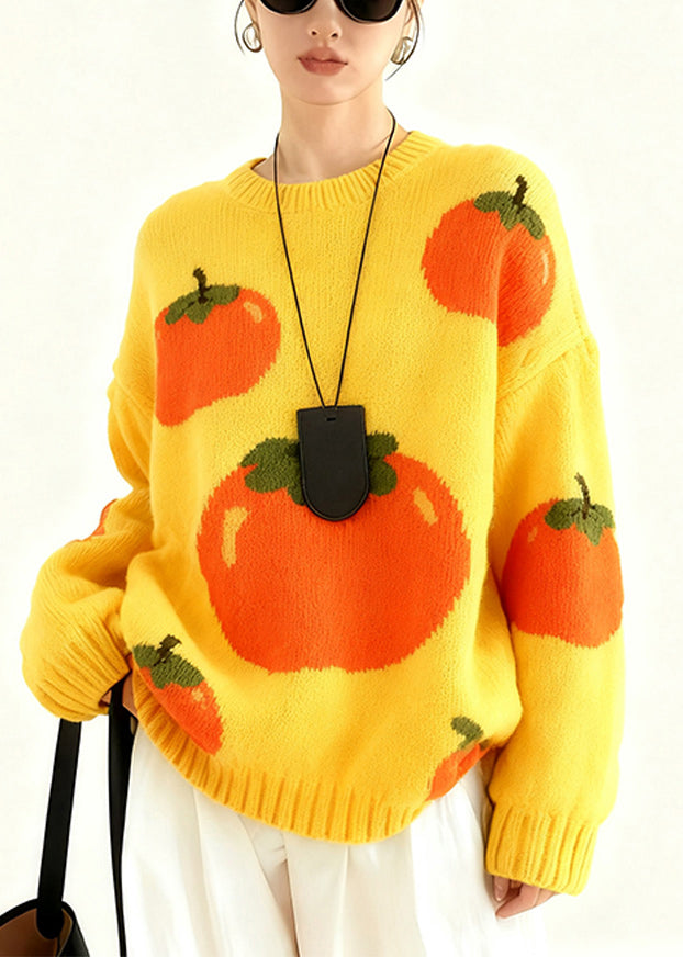 Bohemian Yellow Oversized Tomato Jacquard Knit Pullover Winter