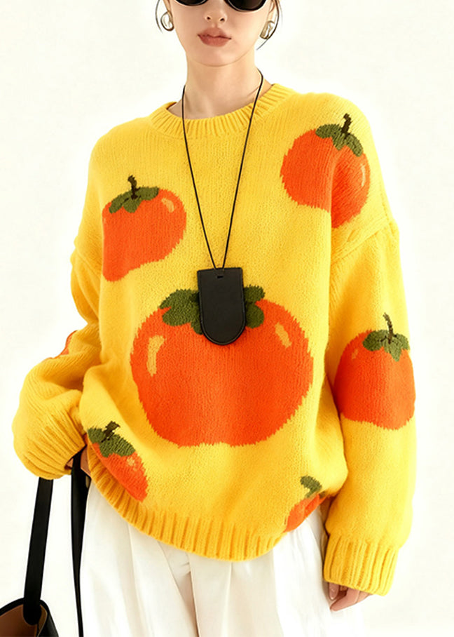 Bohemian Yellow Oversized Tomato Jacquard Knit Pullover Winter