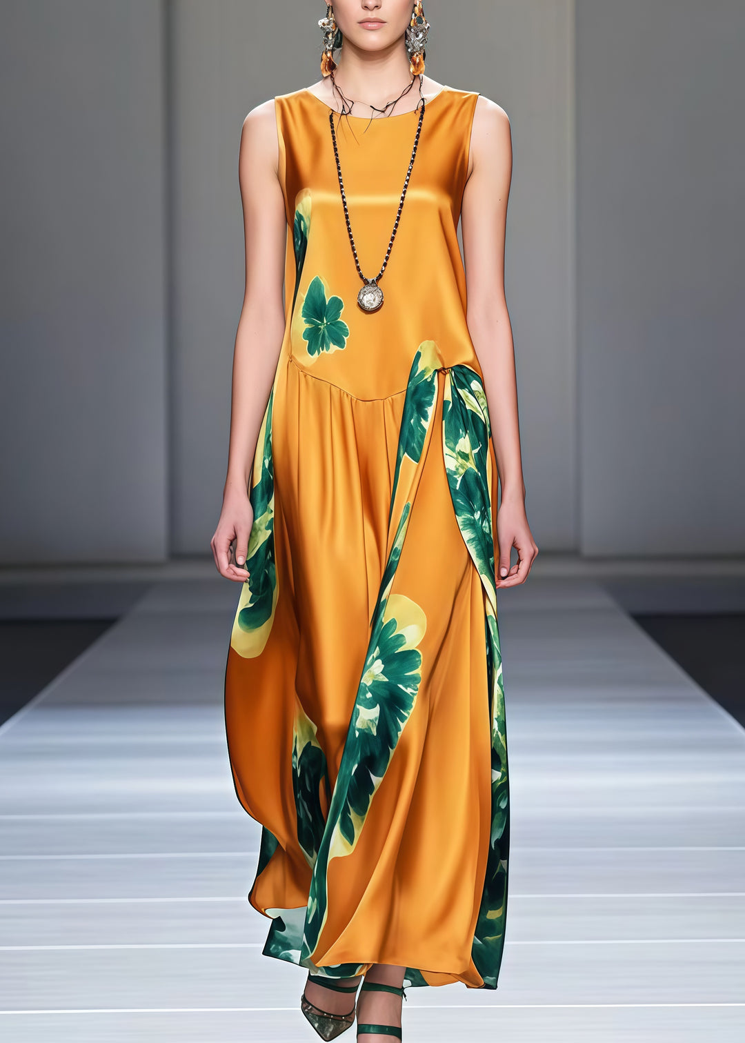 Bohemian Yellow Print Draping Silk Maxi Dresses Sleeveless