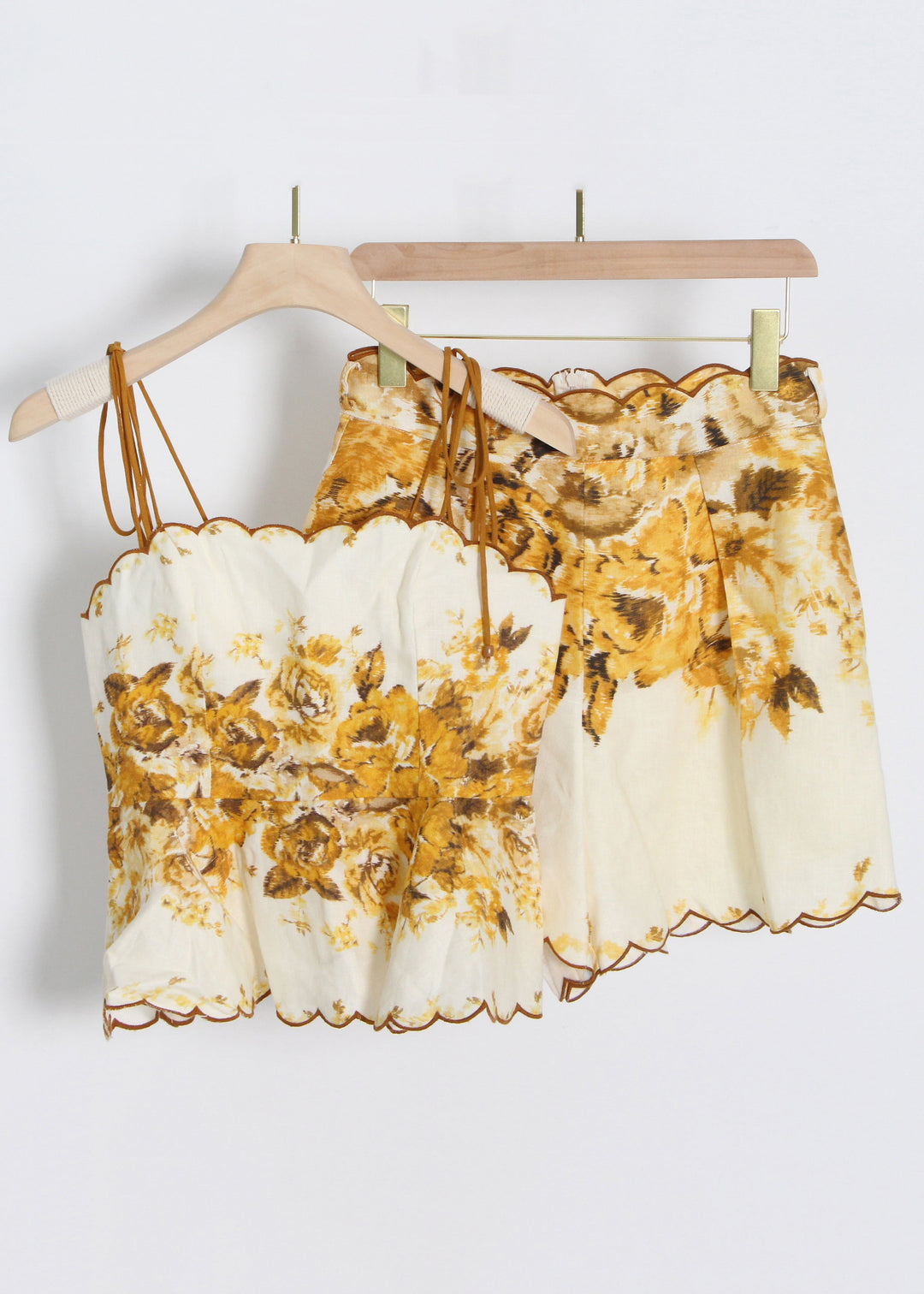 Bohemian Yellow Print Spaghetti Strap Tank And Shorts Cotton Two Pieces Set Sleeveless