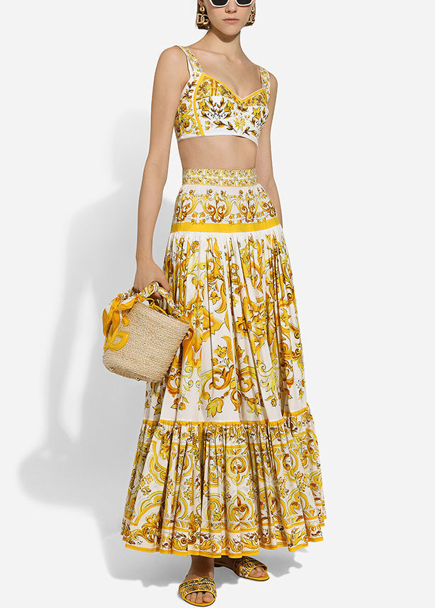 Bohemian Yellow Print Tank And Skirts Cotton Two Pieces Set Sleeveless