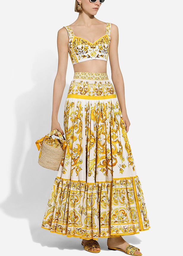 Bohemian Yellow Print Tank And Skirts Cotton Two Pieces Set Sleeveless