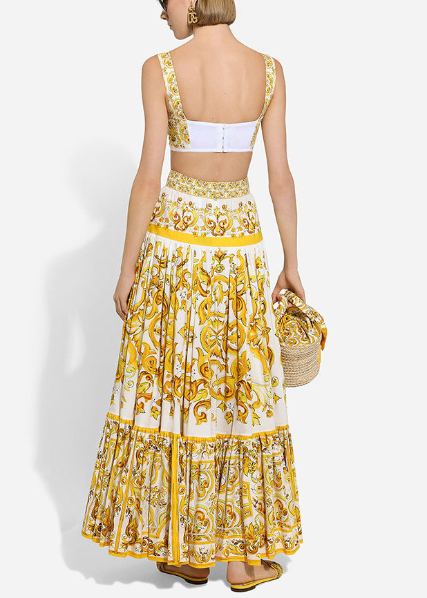 Bohemian Yellow Print Tank And Skirts Cotton Two Pieces Set Sleeveless