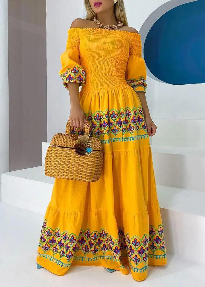 Bohemian Yellow Slash Neck Print Cotton Maxi Dresses Summer