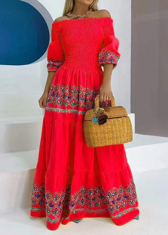 Bohemian Yellow Slash Neck Print Cotton Maxi Dresses Summer