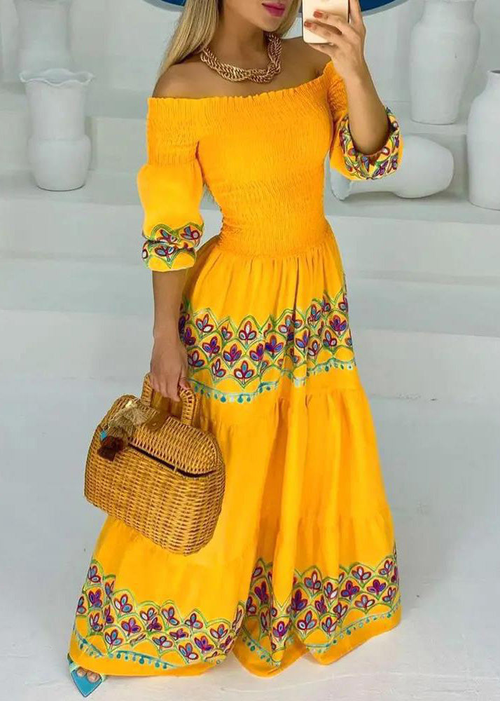 Bohemian Yellow Slash Neck Print Cotton Maxi Dresses Summer
