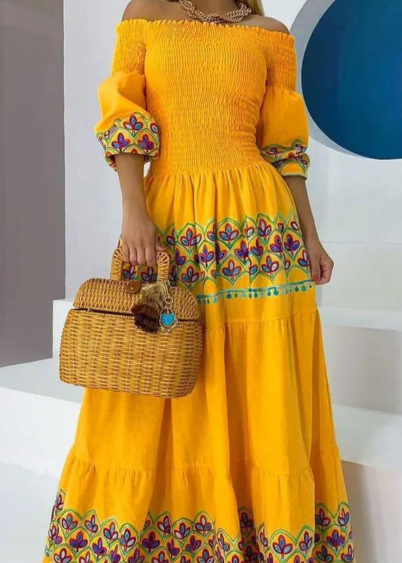 Bohemian Yellow Slash Neck Print Cotton Maxi Dresses Summer