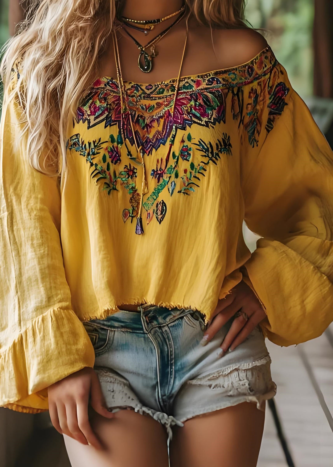 Bohemian Yellow Slash Neck Print Cotton T Shirts Spring