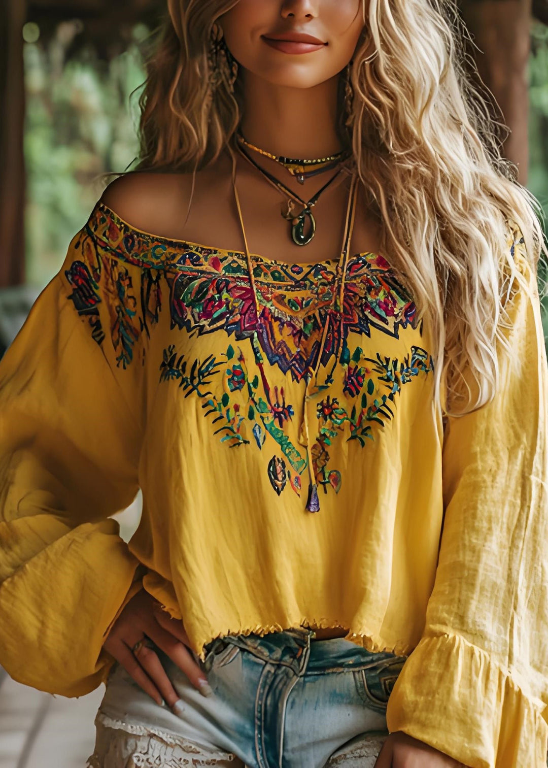 Bohemian Yellow Slash Neck Print Cotton T Shirts Spring