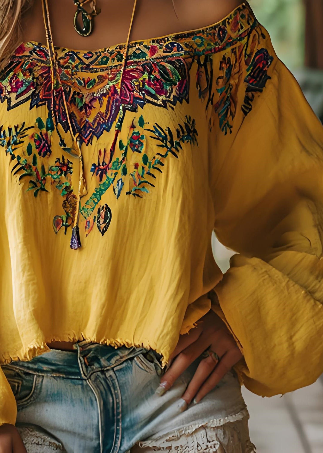 Bohemian Yellow Slash Neck Print Cotton T Shirts Spring