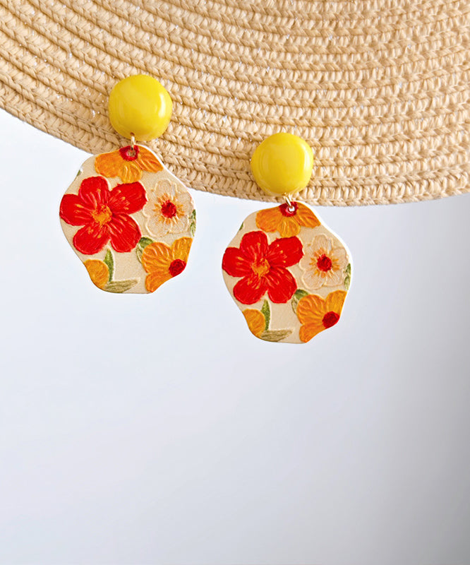 Bohemian Yellow Srerling Silver Floral Drop Glaze Drop Earrings