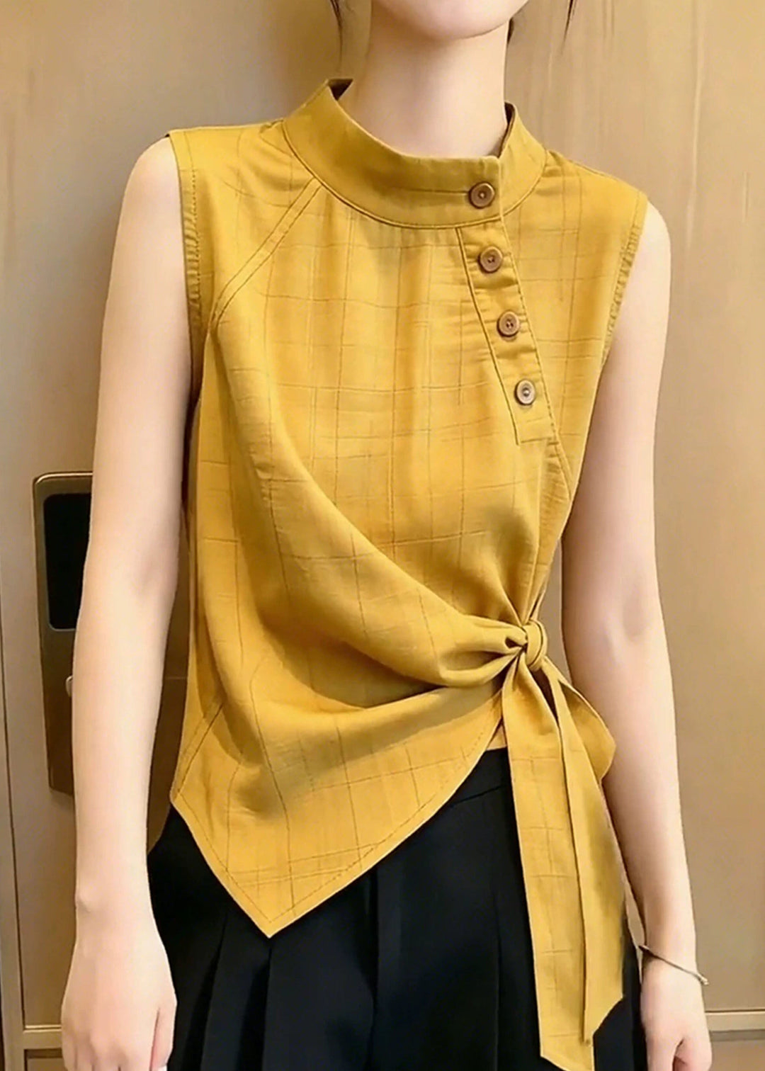 Bohemian Yellow Stand Collar Asymmetrical Design Vest Top Sleeveless