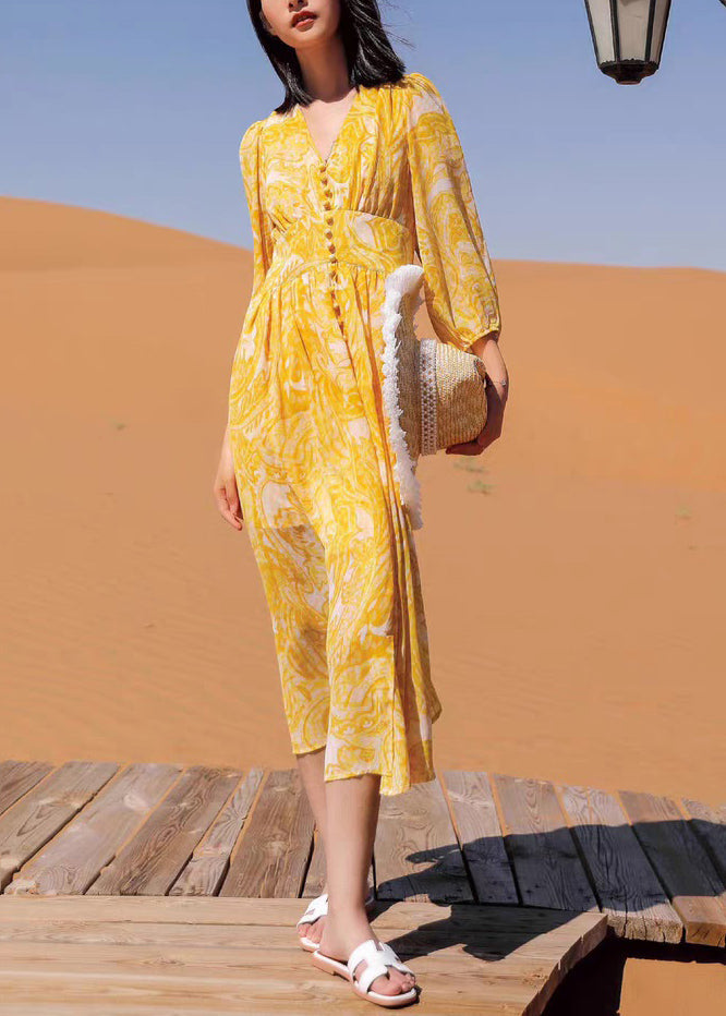Bohemian Yellow V Neck Print Chiffon Long Dresses Fall