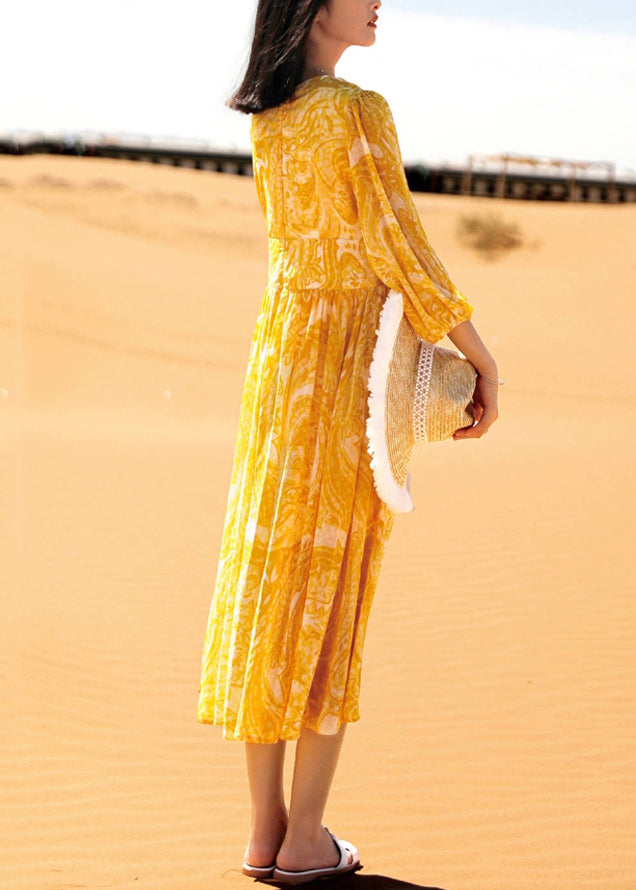 Bohemian Yellow V Neck Print Chiffon Long Dresses Fall