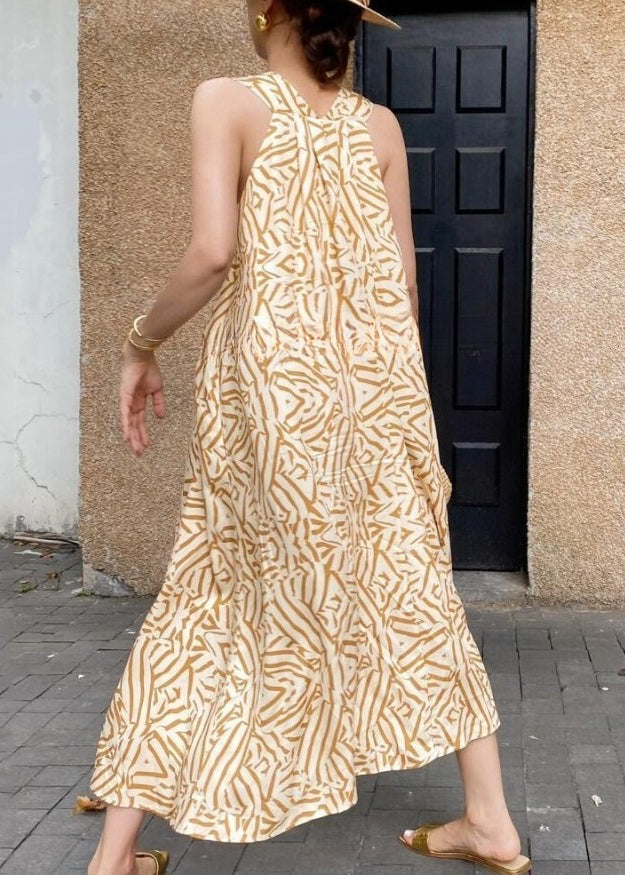 Bohemian Yellow V Neck Print Cotton Vacation Dress Sleeveless