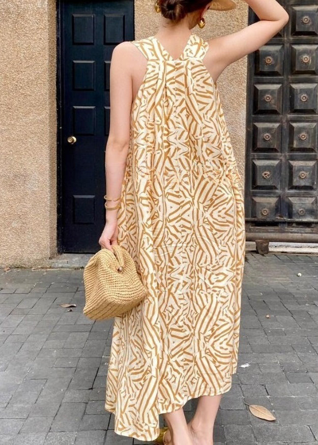 Bohemian Yellow V Neck Print Cotton Vacation Dress Sleeveless