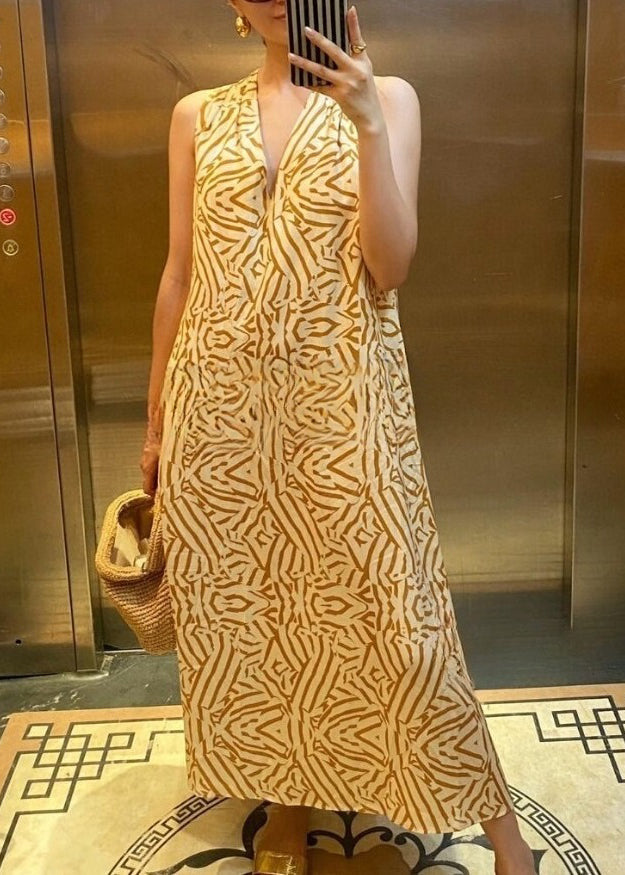 Bohemian Yellow V Neck Print Cotton Vacation Dress Sleeveless