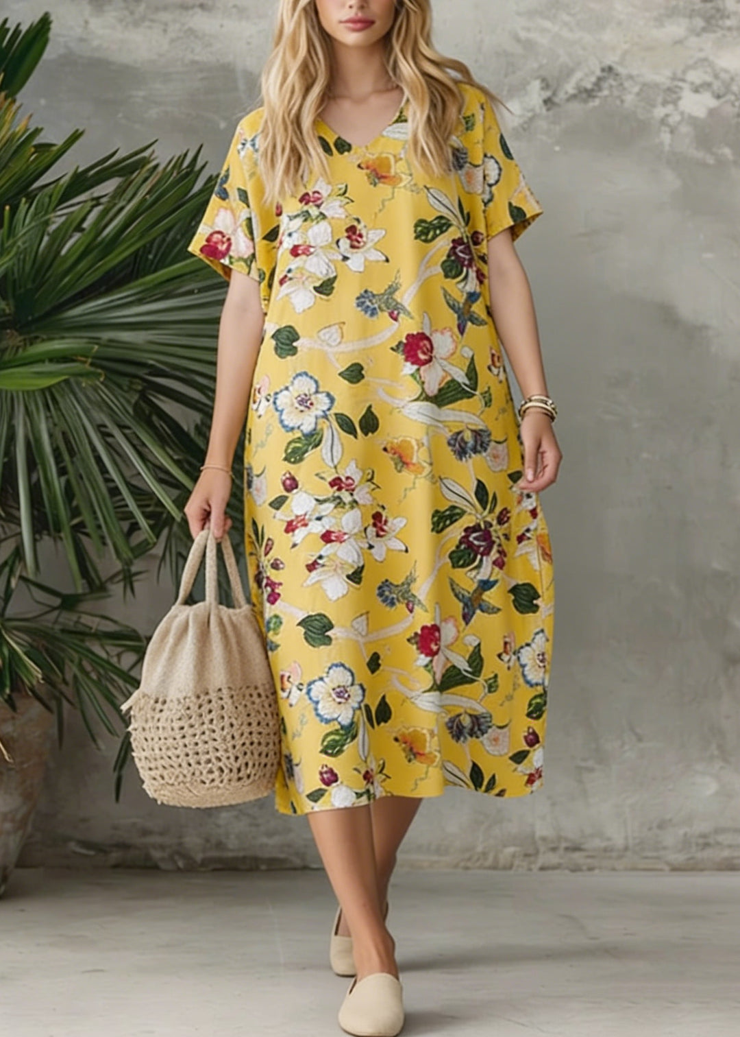 Bohemian Yellow V Neck Print Loose Cotton Dress Summer
