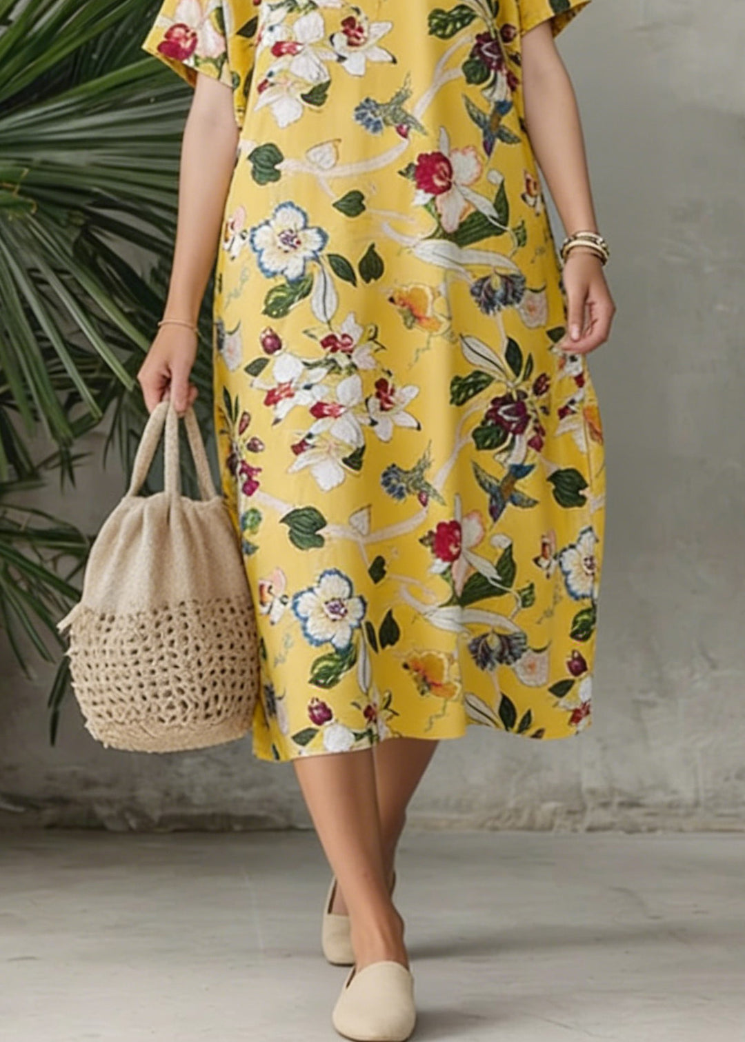 Bohemian Yellow V Neck Print Loose Cotton Dress Summer