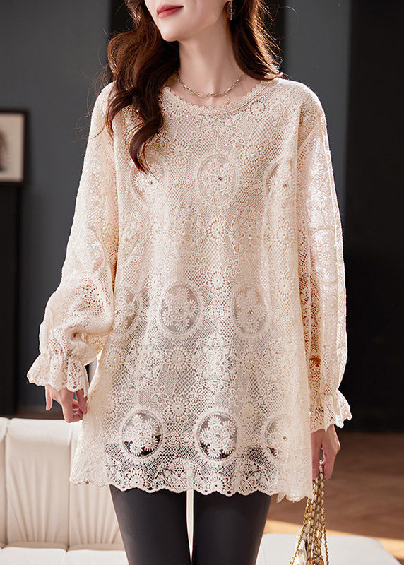 Boho Apricot Embroidered Hollow Out Chiffon Top Flare Sleeve