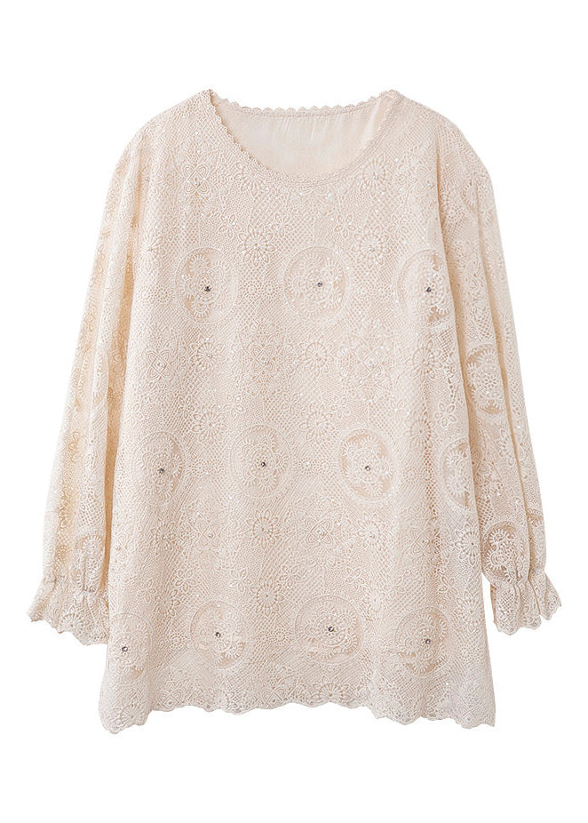 Boho Apricot Embroidered Hollow Out Chiffon Top Flare Sleeve