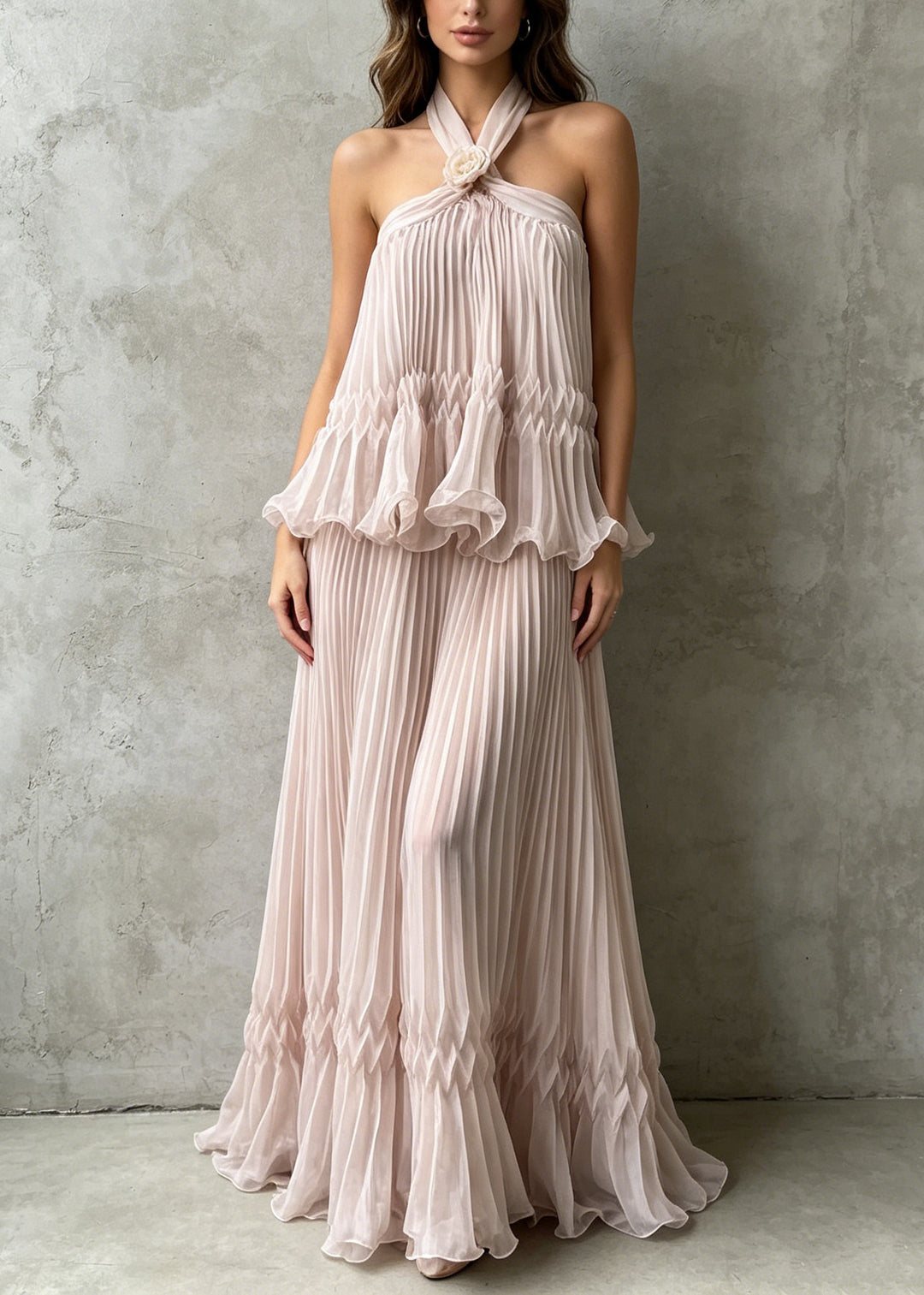 Boho Apricot Halter Backless Wrinkled Chiffon Party Dress Summer