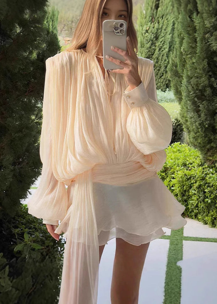 Boho Apricot Puff Sleeve Wrinkled Chiffon Work Dress Summer