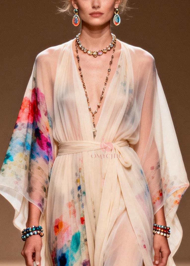 Boho Apricot Tie Waist Print Chiffon Ankle Dress Summer