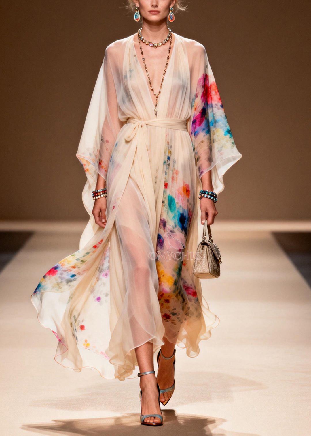 Boho Apricot Tie Waist Print Chiffon Ankle Dress Summer