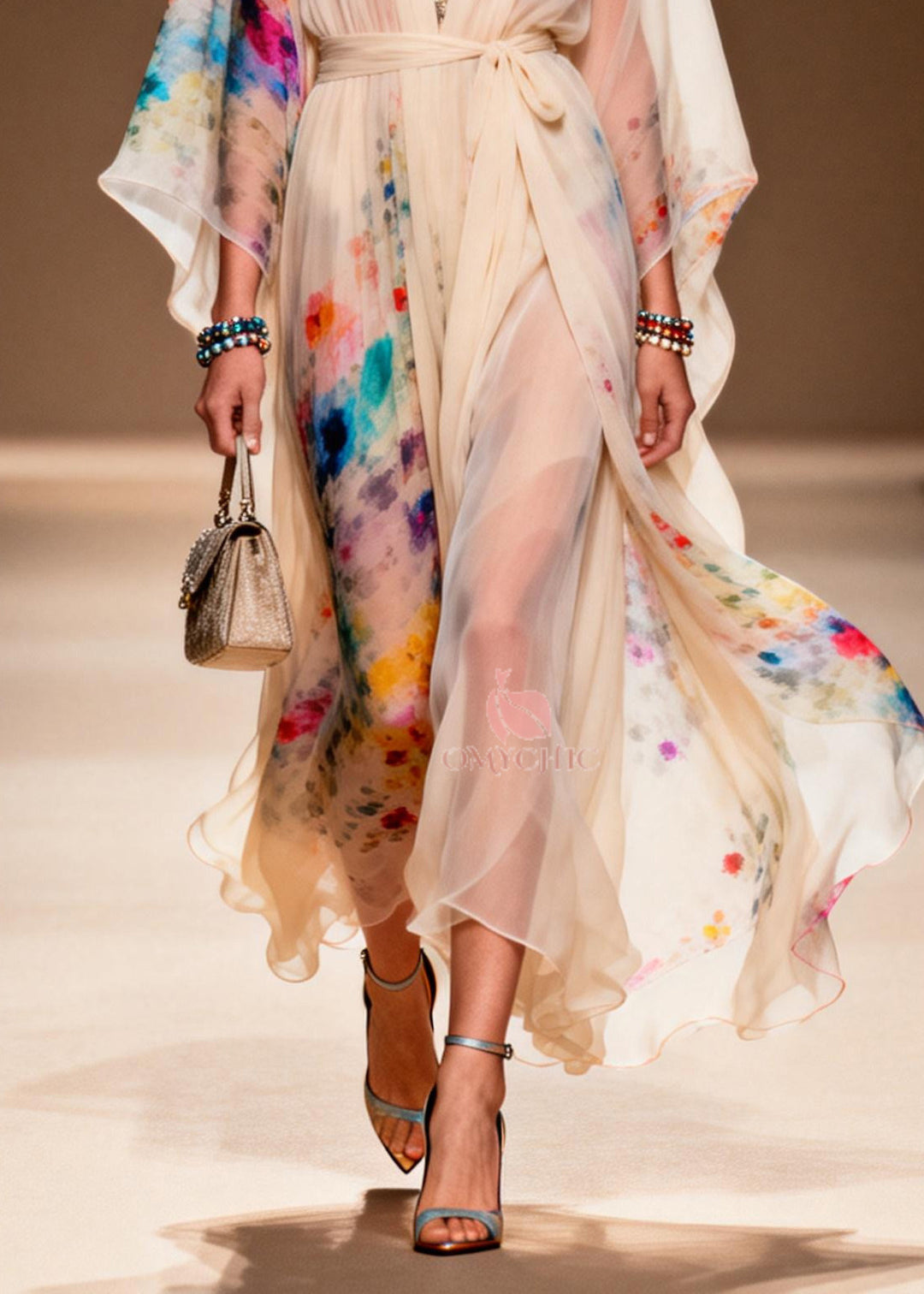 Boho Apricot Tie Waist Print Chiffon Ankle Dress Summer