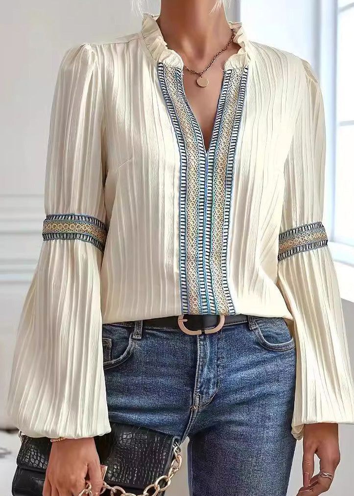 Boho Apricot V Neck Print Shirt Top Fall