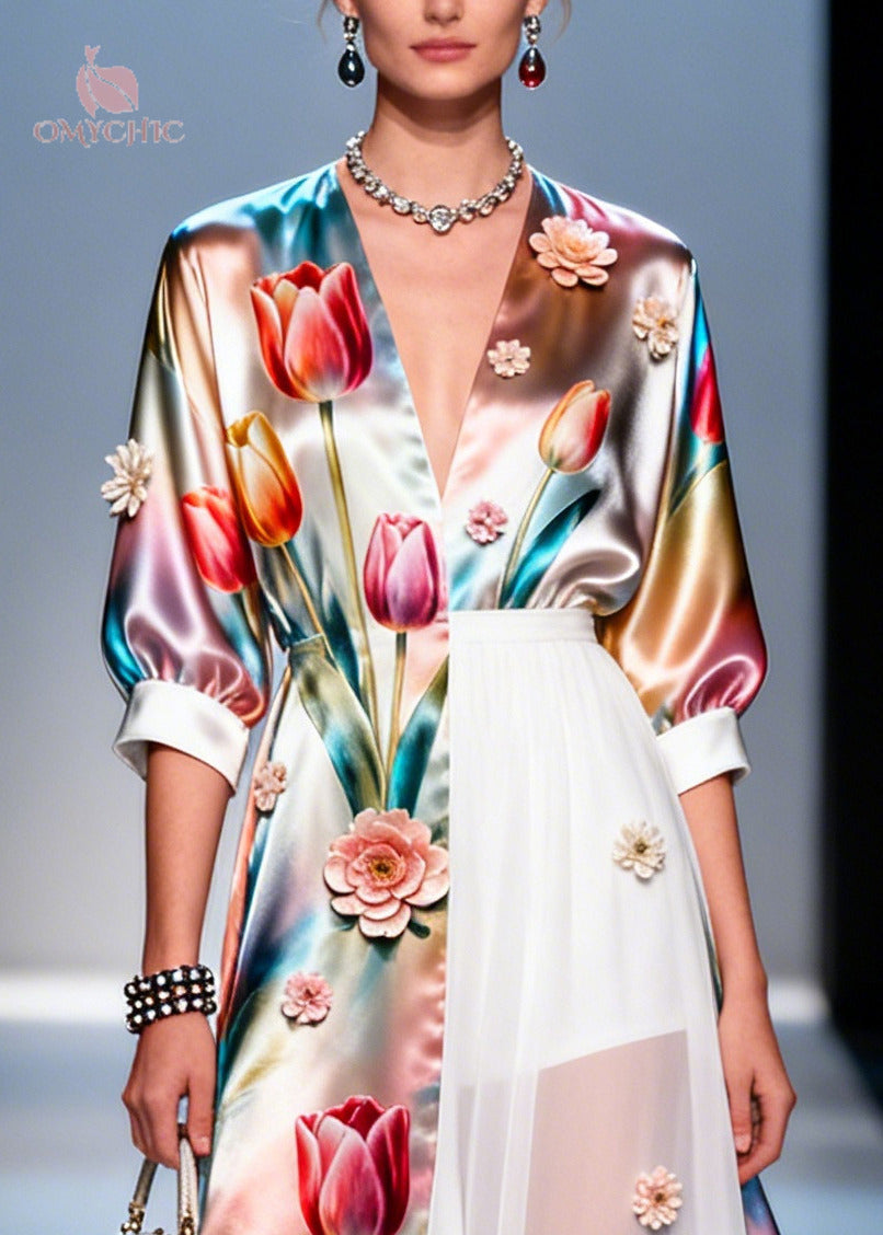 Boho Asymmetrical Design Handmade Floral Silk Robe Dresses Summer