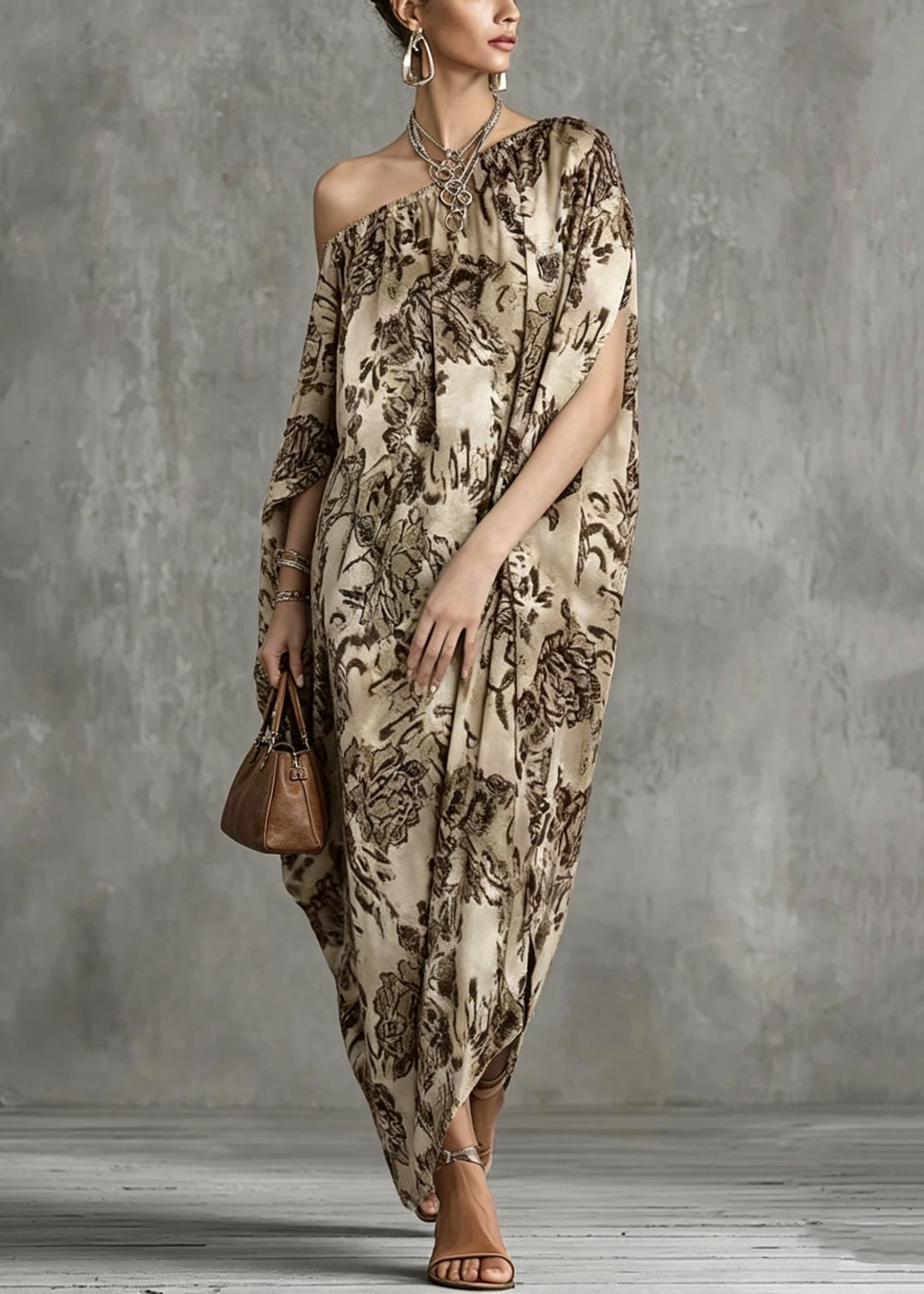 Boho Asymmetrical Design Print Cotton Dress Batwing Sleeve