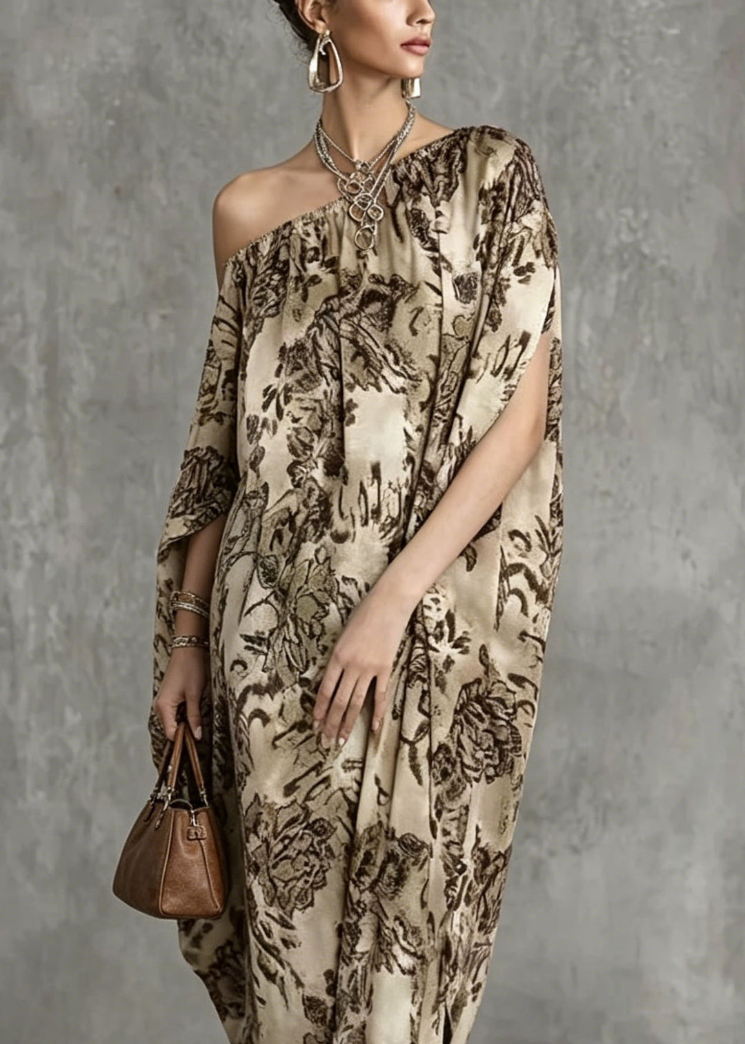 Boho Asymmetrical Design Print Cotton Dress Batwing Sleeve