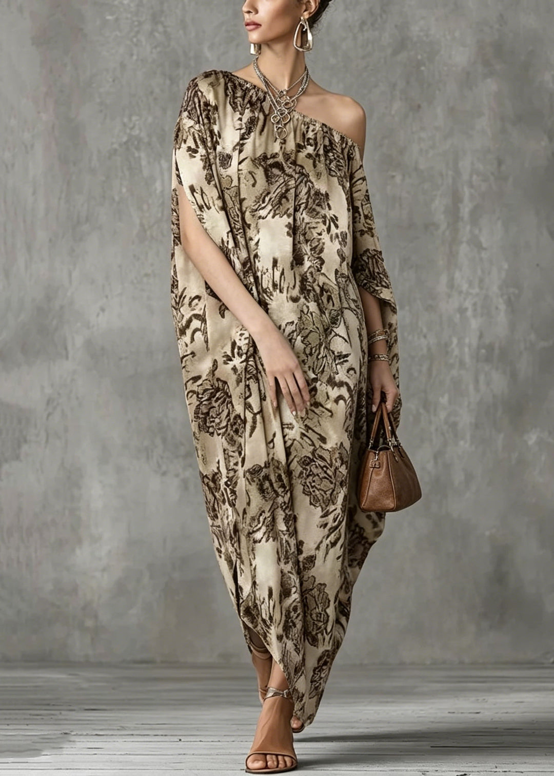 Boho Asymmetrical Design Print Cotton Dress Batwing Sleeve