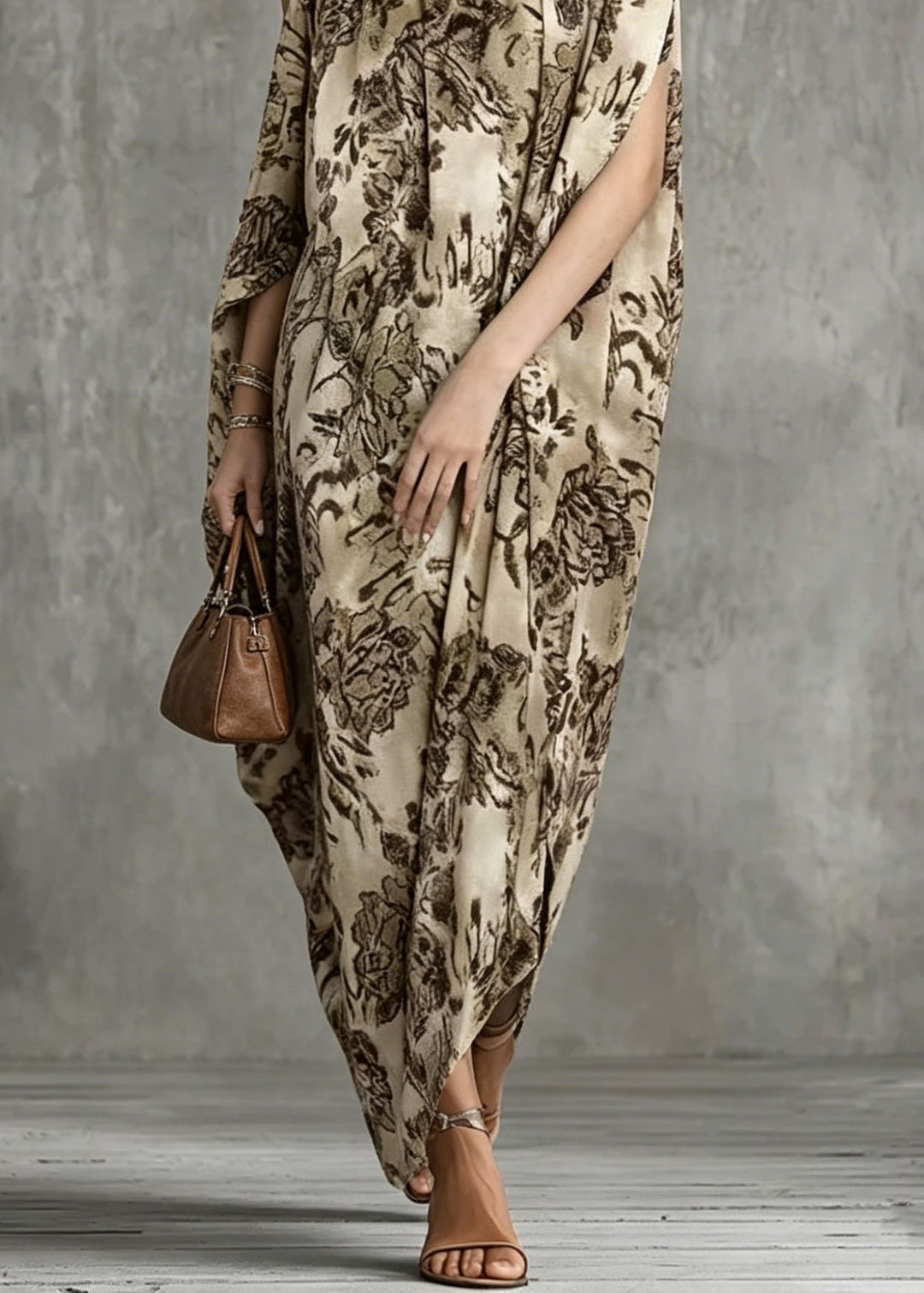 Boho Asymmetrical Design Print Cotton Dress Batwing Sleeve