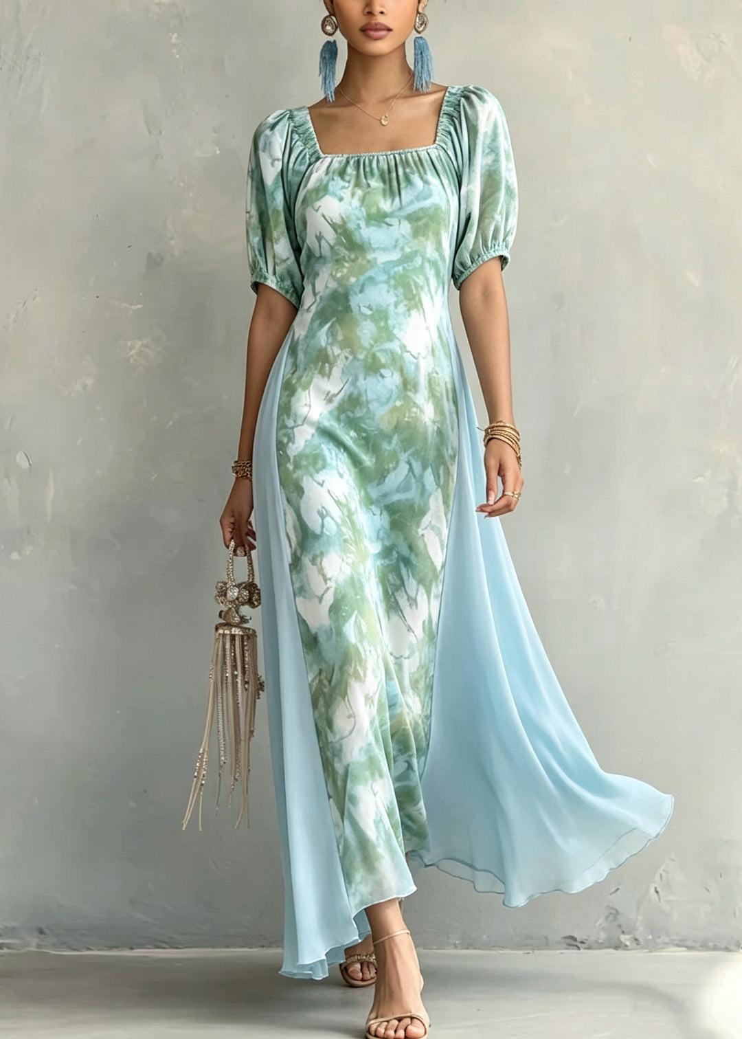 Boho Baby Blue Square Collar Print Patchwork Long Dresses Short Sleeve