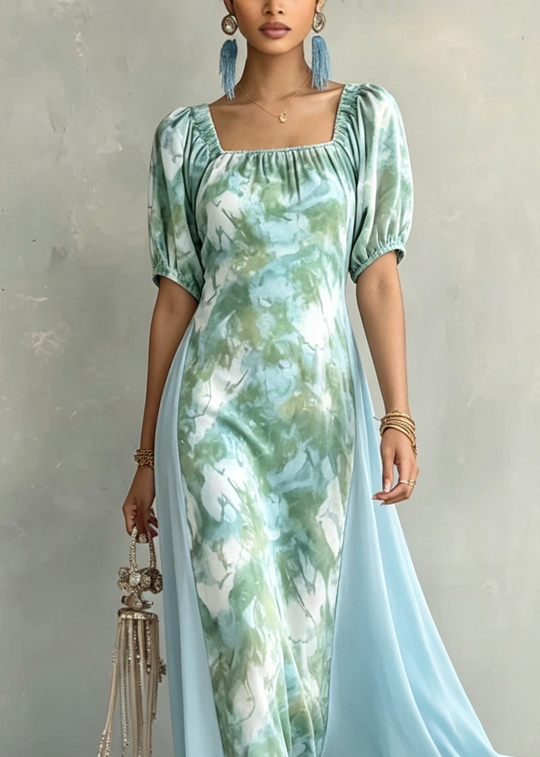 Boho Baby Blue Square Collar Print Patchwork Long Dresses Short Sleeve