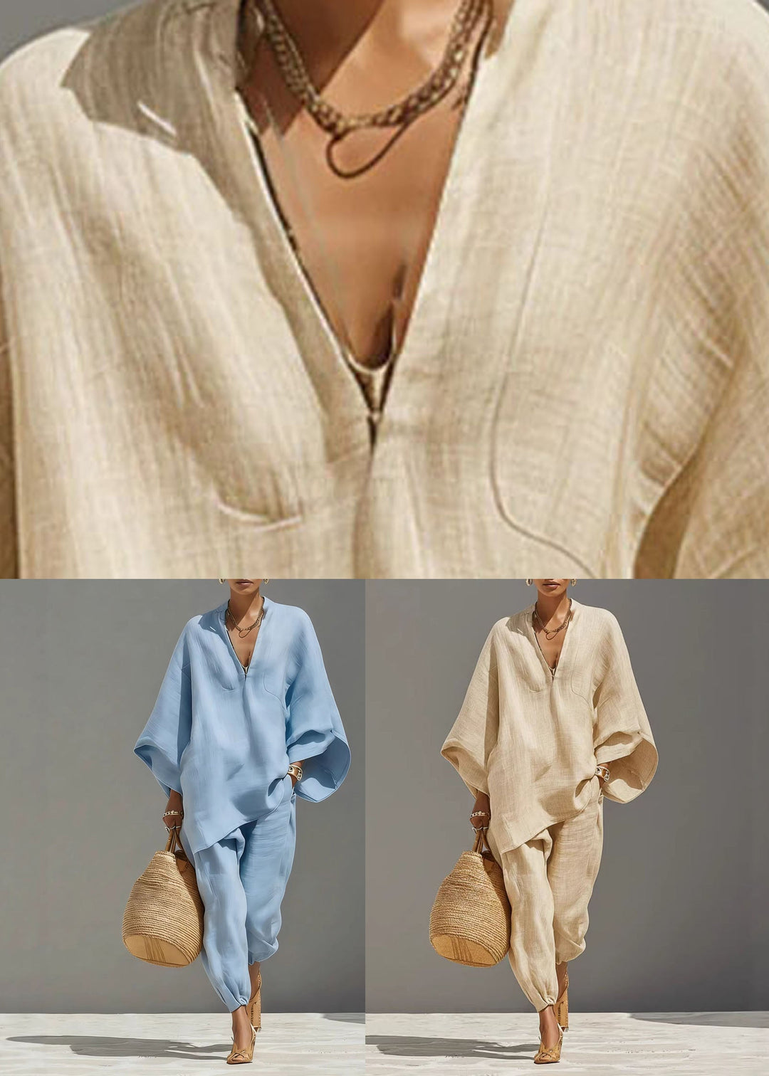 Boho Baby Blue V Neck Solid Top And Beam Pants Two-Piece Set Fall