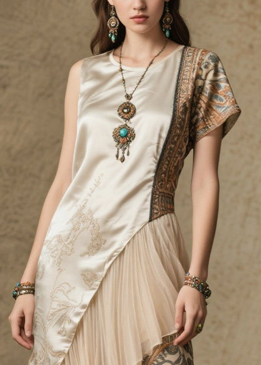 Boho Beige Asymmetrical Patchwork Print Silk Robe Dresses Summer