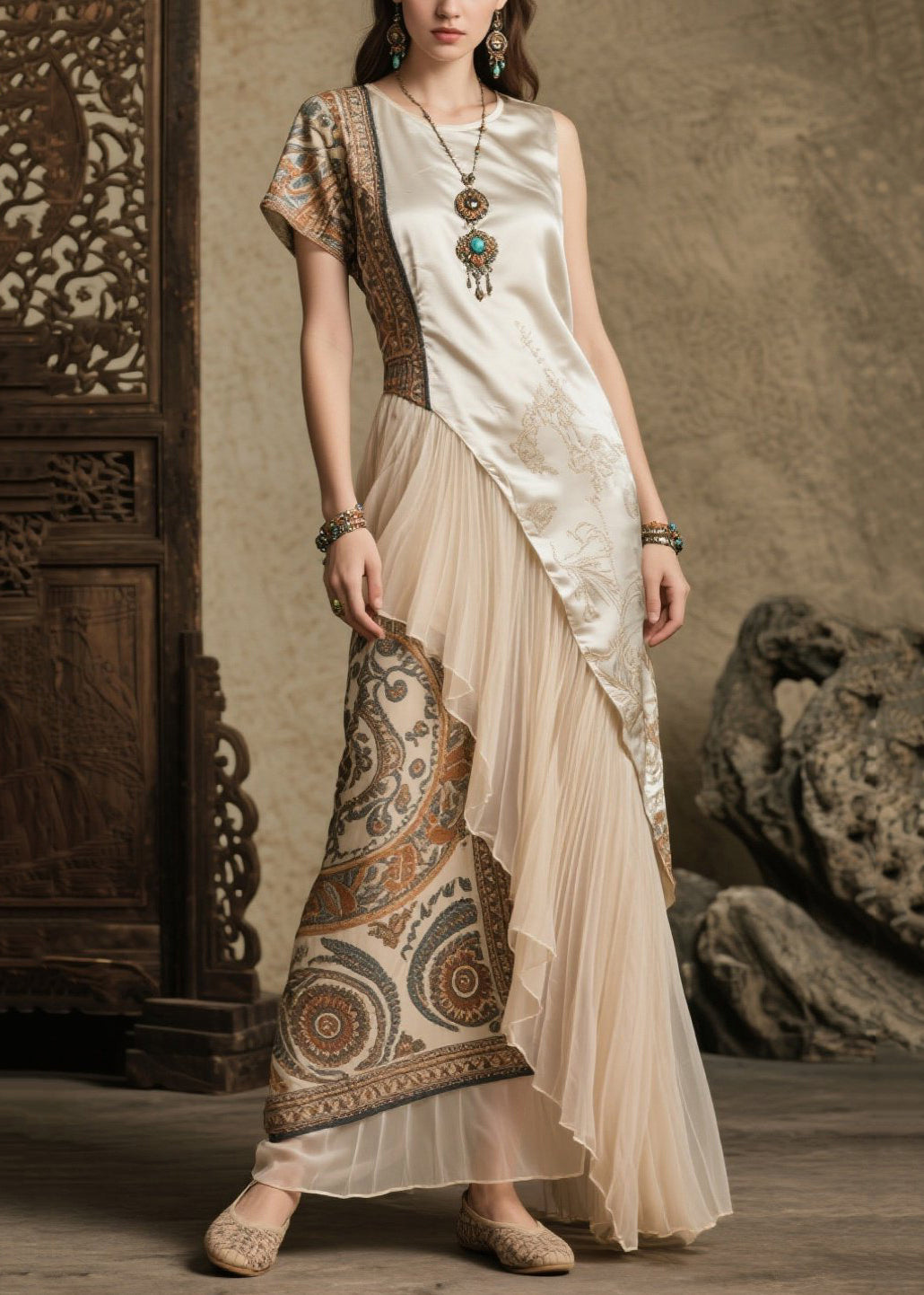 Boho Beige Asymmetrical Patchwork Print Silk Robe Dresses Summer