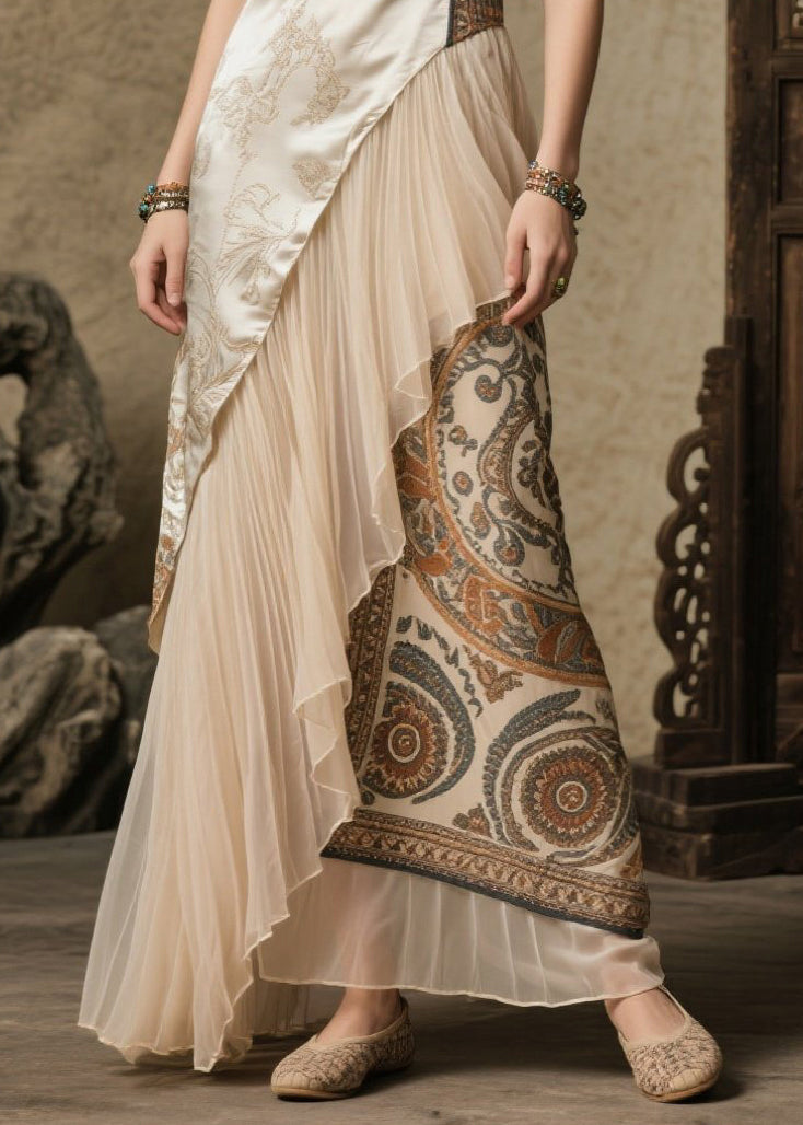 Boho Beige Asymmetrical Patchwork Print Silk Robe Dresses Summer